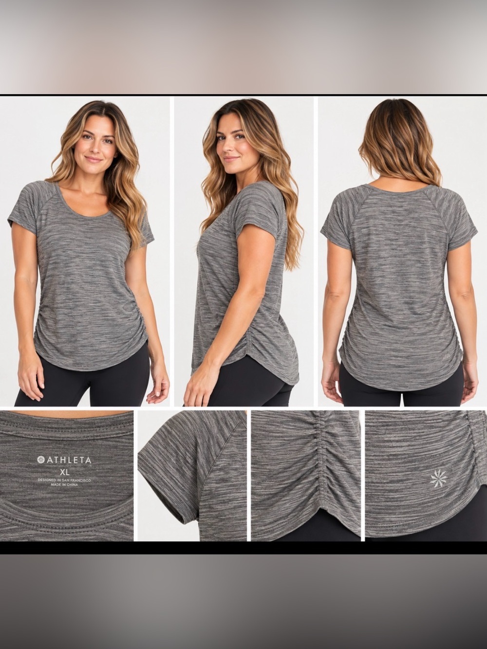 Athleta Women’s XL Gray Heather Ruched Side Short Sleeve Athletic Top